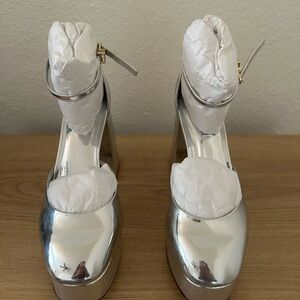 Larroude Shiny Silver Platform Heels